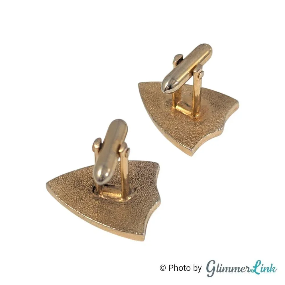 Vintage Heraldic Crest Shape Fleur de Lis Renaissance Themed Gold Tone Cufflinks